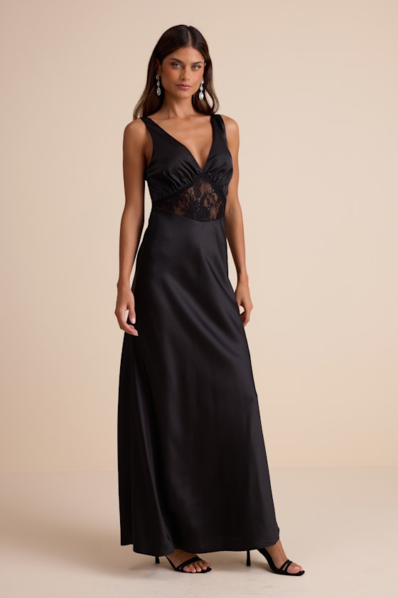 Toulouse Black Satin Lace Maxi Dress 4