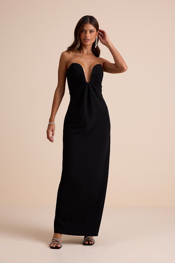 Black Crepe Knit Dress - Column Maxi Dress - Cutout U-Bar Dress