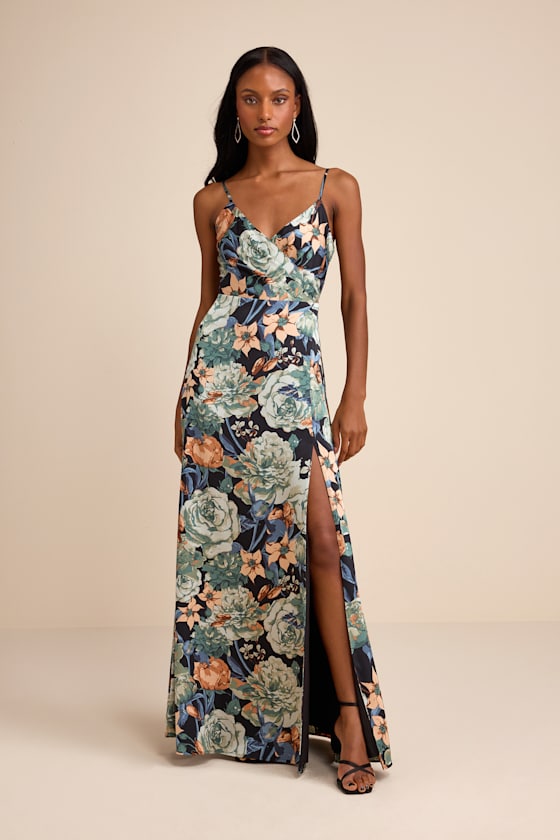 Image of Radiant Occasion Black Multi Floral Satin A-Line Maxi Dress