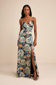 Radiant Occasion Black Multi Floral Satin A-Line Maxi Dress 1