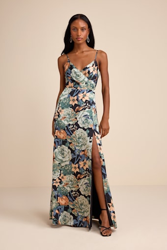 Radiant Occasion Black Multi Floral Satin A-Line Maxi Dress 1