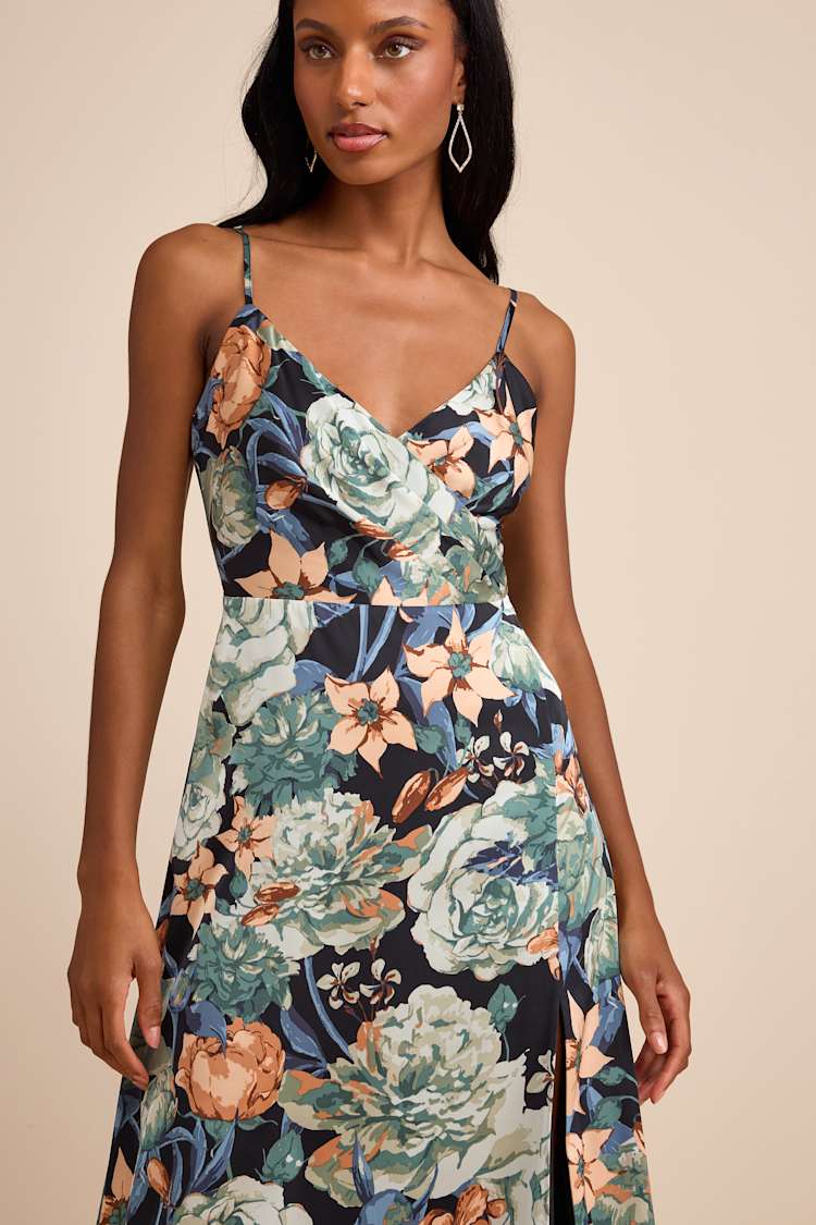 Radiant Occasion Black Multi Floral Satin A-Line Maxi Dress