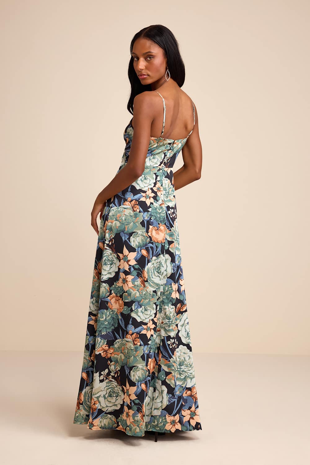 Radiant Occasion Black Multi Floral Satin A-Line Maxi Dress