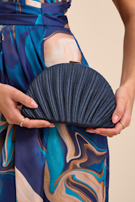 Pleat Perfection Navy Satin Pleated Hard Clutch 1