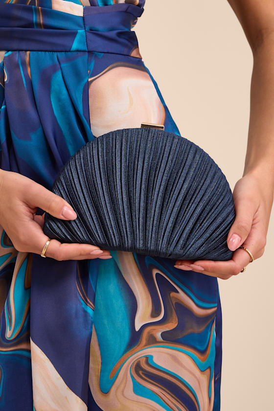 Pleat Perfection Navy Satin Pleated Hard Clutch 1