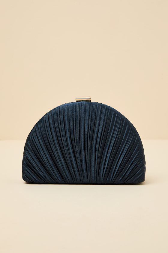 Pleat Perfection Navy Satin Pleated Hard Clutch 2