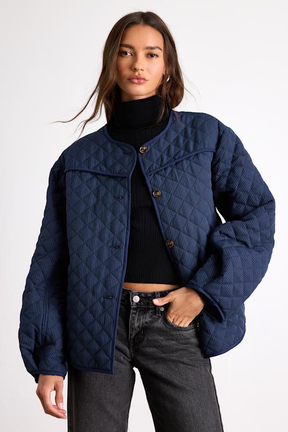 Everhart Navy Checkered Quilted Puffer Jacket 1