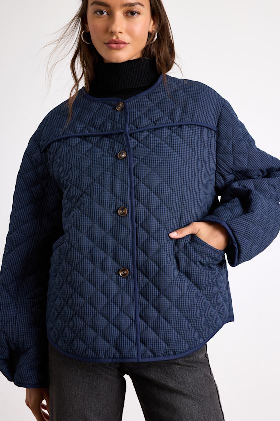 Everhart Navy Checkered Quilted Puffer Jacket 2