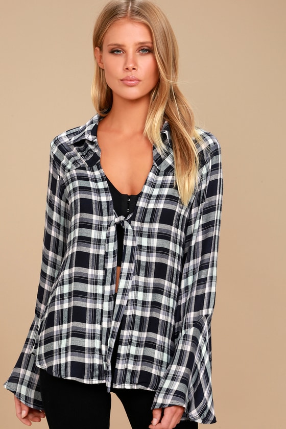 When We Wake Navy Blue Plaid Knotted Long Sleeve Top