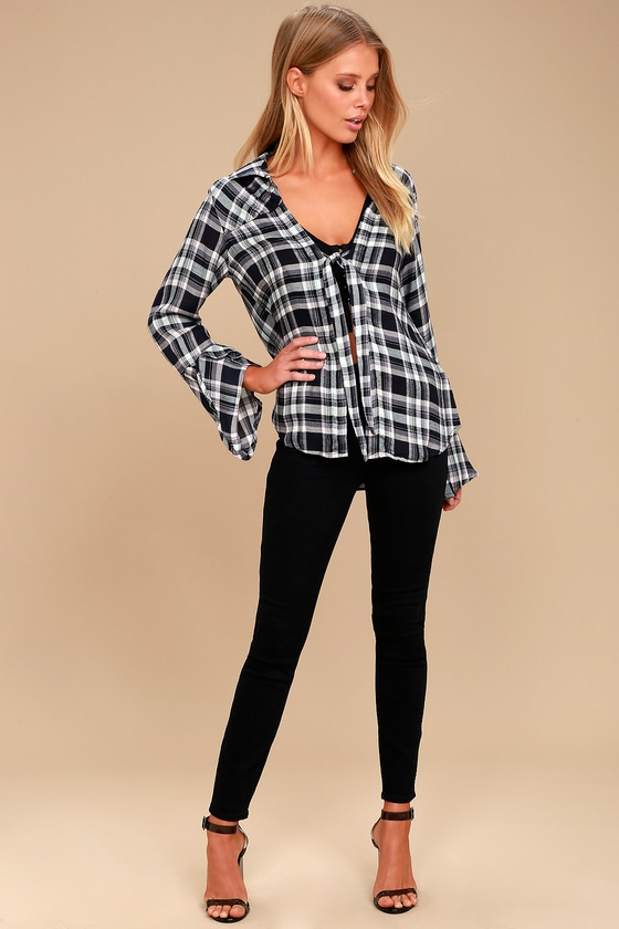 When We Wake Navy Blue Plaid Knotted Long Sleeve Top