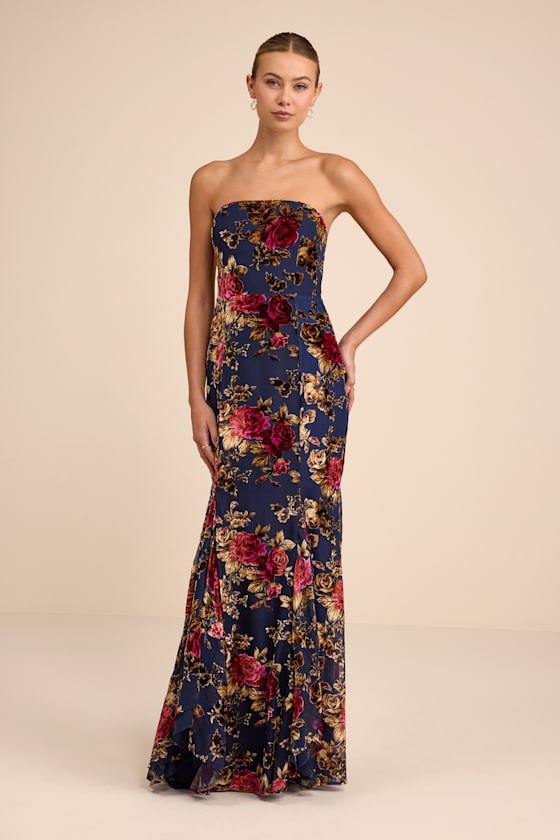 Image of Anoah Navy Floral Velvet Burnout Strapless Maxi Dress