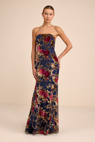 Anoah Navy Floral Velvet Burnout Strapless Maxi Dress 1