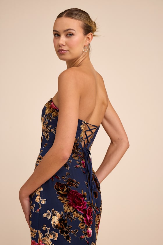 Anoah Navy Floral Velvet Burnout Strapless Maxi Dress 2