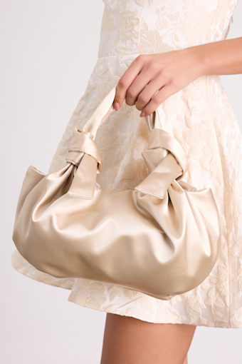 Maelynn Champagne Satin Knotted Handle Bag 1