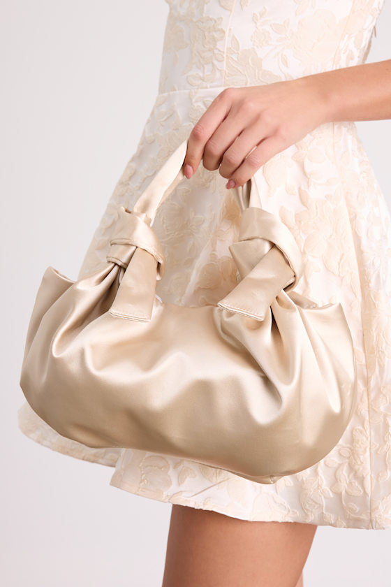 Maelynn Champagne Satin Knotted Handle Bag 1