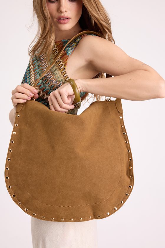 Vix Light Brown Suede Studded Tote Bag 1