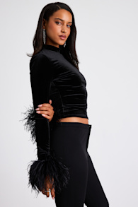 Malva Black Velvet Feather Cuff Long Sleeve Top 1