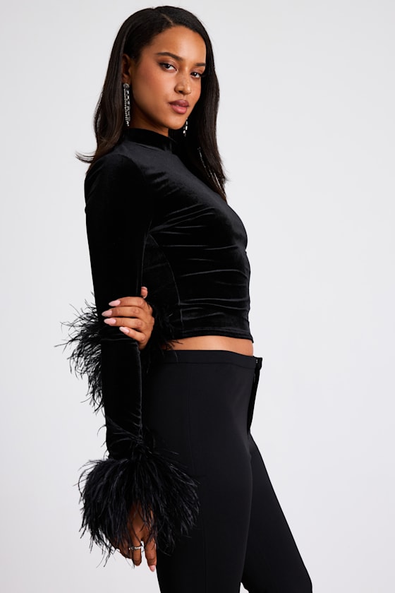 Malva Black Velvet Feather Cuff Long Sleeve Top 1