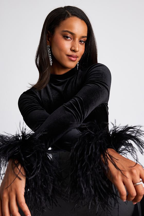Malva Black Velvet Feather Cuff Long Sleeve Top - thumbnail 2