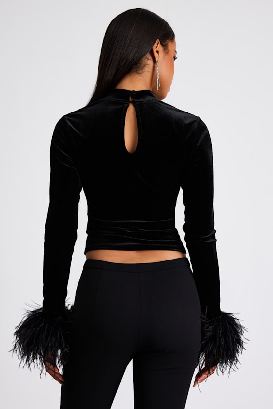 Malva Black Velvet Feather Cuff Long Sleeve Top - thumbnail 3