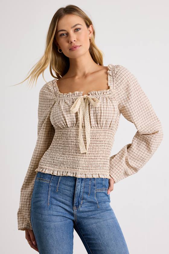 Kolyma Cream and Brown Plaid Smocked Balloon Sleeve Top