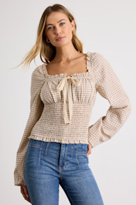 Kolyma Cream and Brown Plaid Smocked Balloon Sleeve Top 1