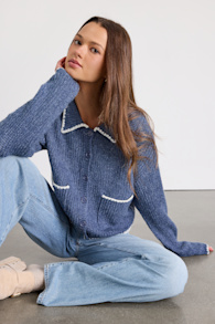 Marsia Dusty Blue Marled Whipstitched Cardigan Sweater 1