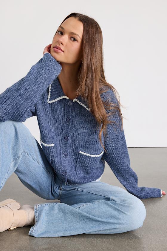 Marsia Dusty Blue Marled Whipstitched Cardigan Sweater 1
