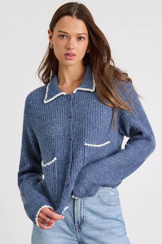 Marsia Dusty Blue Marled Whipstitched Cardigan Sweater 2
