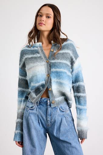 Benaiah Blue and Grey Ombre Marled Fuzzy Knit Cardigan 1
