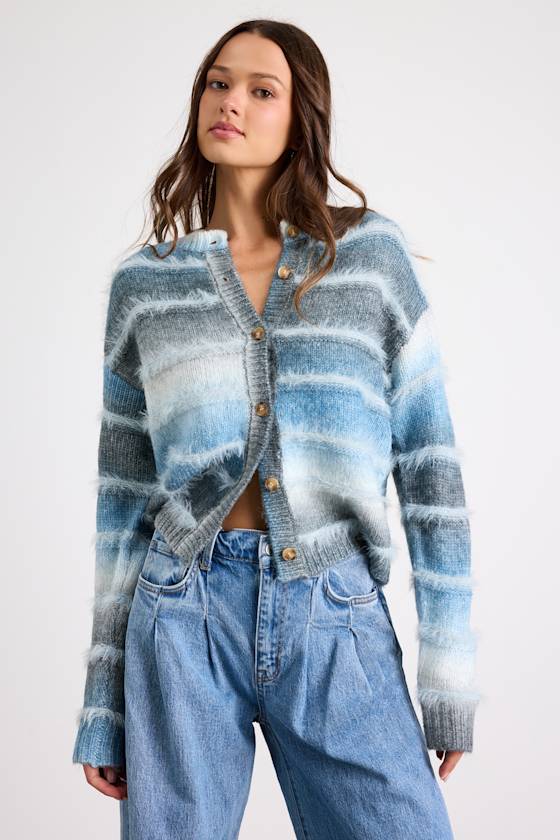 Benaiah Blue and Grey Ombre Marled Fuzzy Knit Cardigan 1