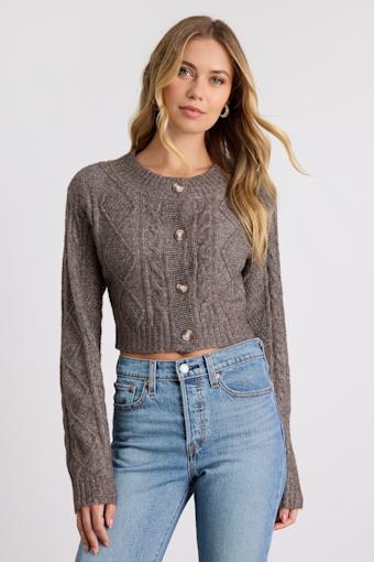 Kaia Brown Marled Cable Knit Cropped Cardigan 1