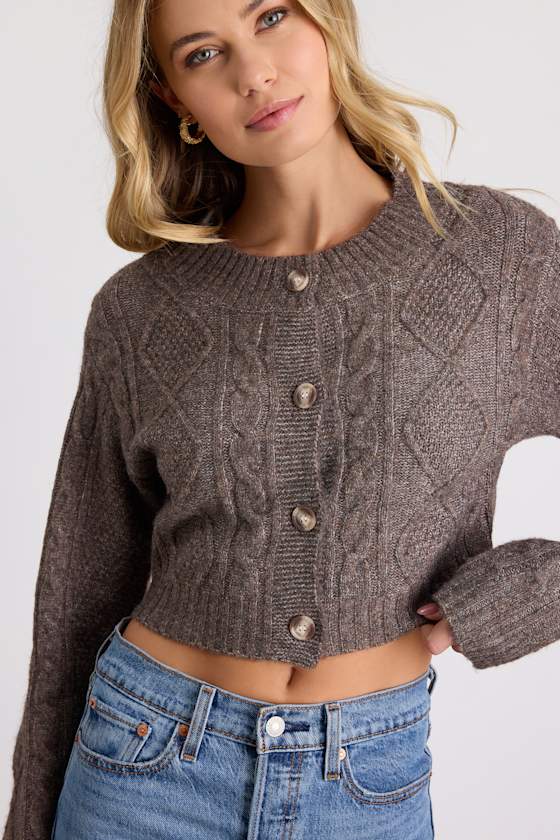 Kaia Brown Marled Cable Knit Cropped Cardigan 2