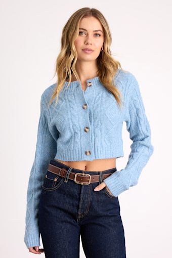 Kaia Blue Marled Cable Knit Cropped Cardigan 1