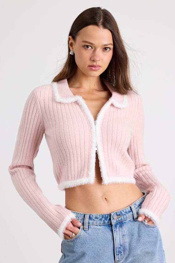 Light Pink Cardigan - Zip-Front Cardigan - Fuzzy Trim Cardigan - Lulus