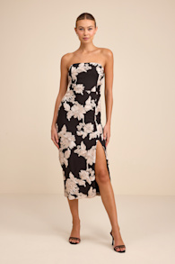 Kattalin Black Floral Applique Strapless Midi Dress 1
