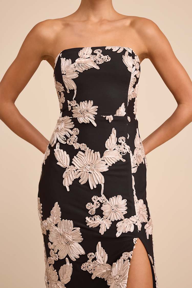 Black Floral Applique Dress - Strapless Dress - Column Midi Dress - Lulus