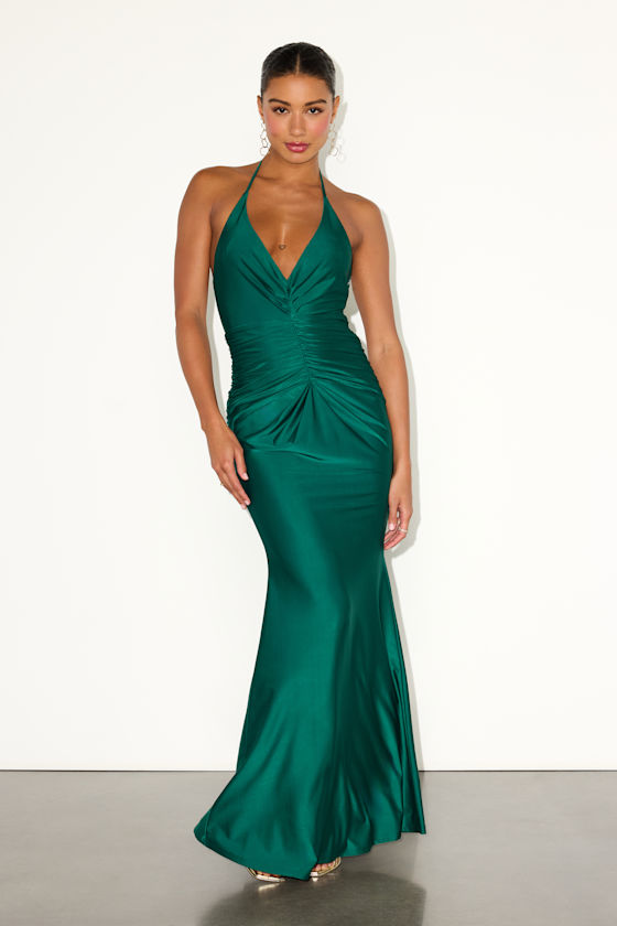 Zaniya Emerald Green Ruched Halter Maxi Dress 1