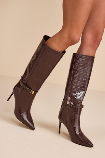 Cadee Brown Croc-Embossed Stiletto Knee-High Buckle Boots 1