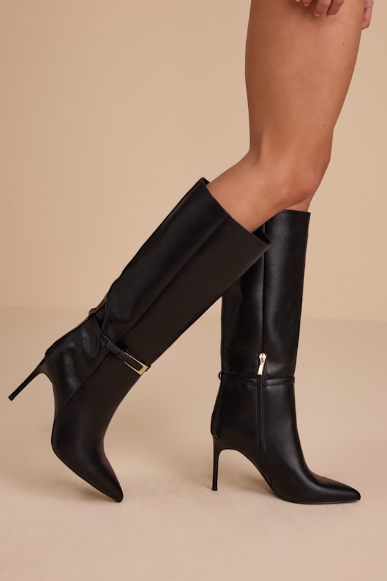 Black Knee-High Boots - Stiletto Buckle Boots - Pointed-Toe Boots