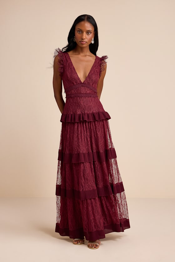 Lulus | Burgundy Ruffled Tiered Maxi Dress | Womens | Large (Available in XXS, M) | 100% Polyester