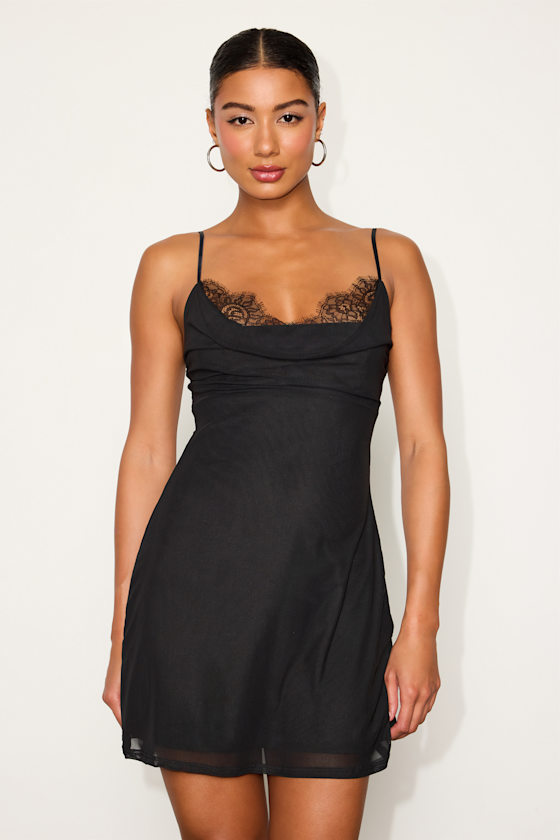 Image of Maddox Black Mesh Lace Cowl Neck Mini Dress
