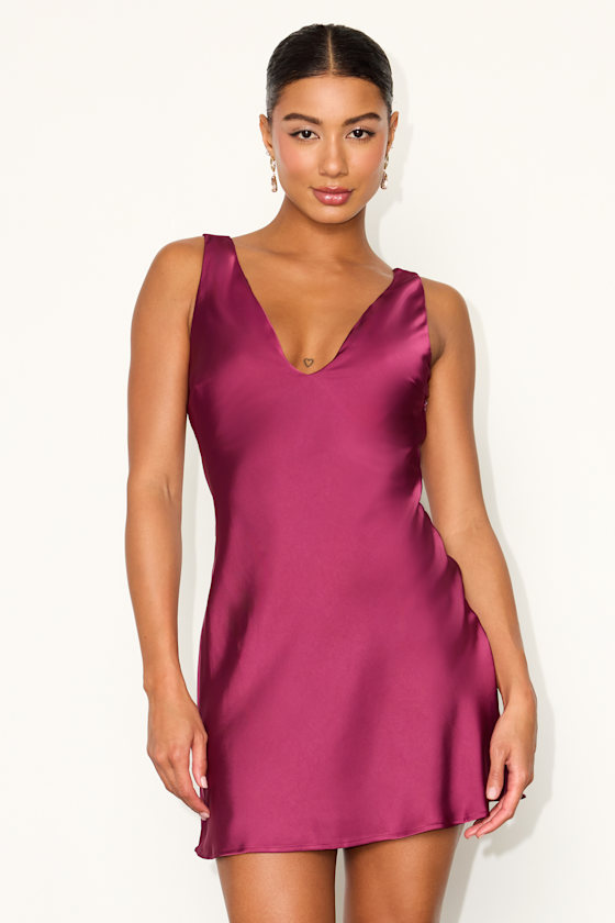 Solmara Magenta Satin Slip Mini Dress 1