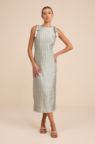 Nuala Sage Green Pleated Sleeveless Bow Midi Dress 1