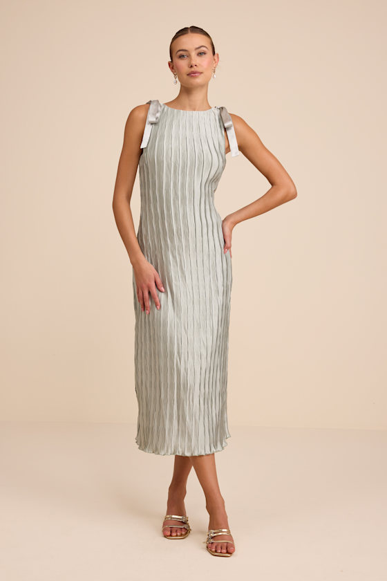 Nuala Sage Green Pleated Sleeveless Bow Midi Dress 1