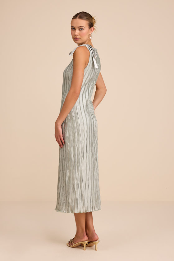 Sage Green Bow Dress - Pleated Textured Dress - Slip Midi Dress