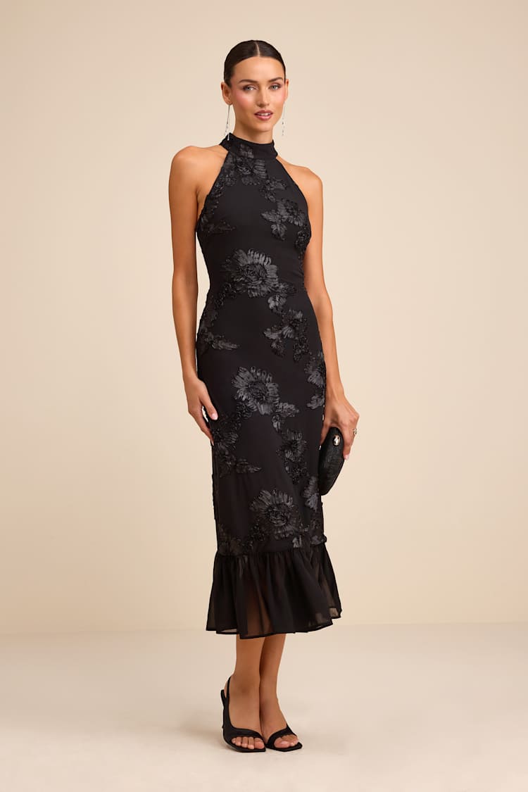Margaret Black Textured Ruffled Midi Dress