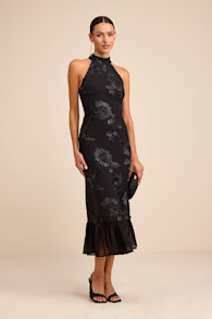 Margaret Black Textured Ruffled Midi Dress 1