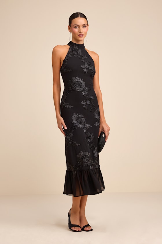Margaret Black Textured Ruffled Midi Dress 1