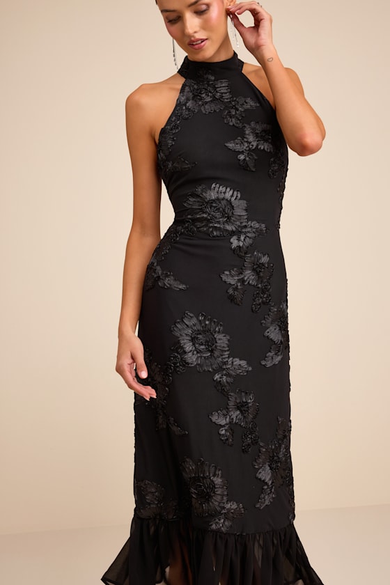 Margaret Black Textured Ruffled Midi Dress - thumbnail 2